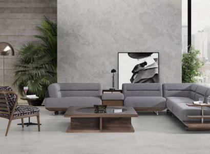 Modern living room set, L-shaped sectional sofa with armchair and coffee table, luxury design.